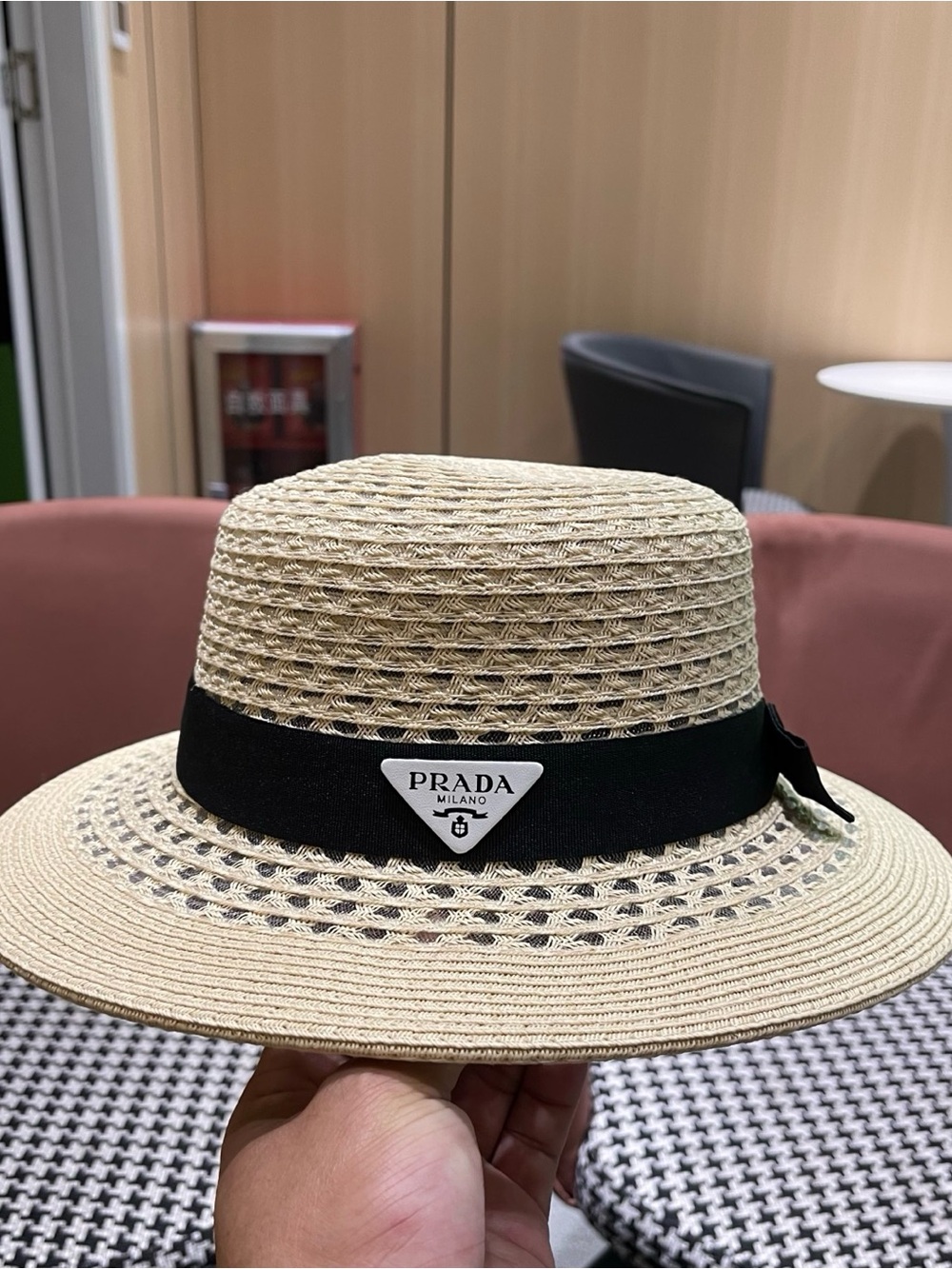 Prada Straw Boater Hat with Black Band